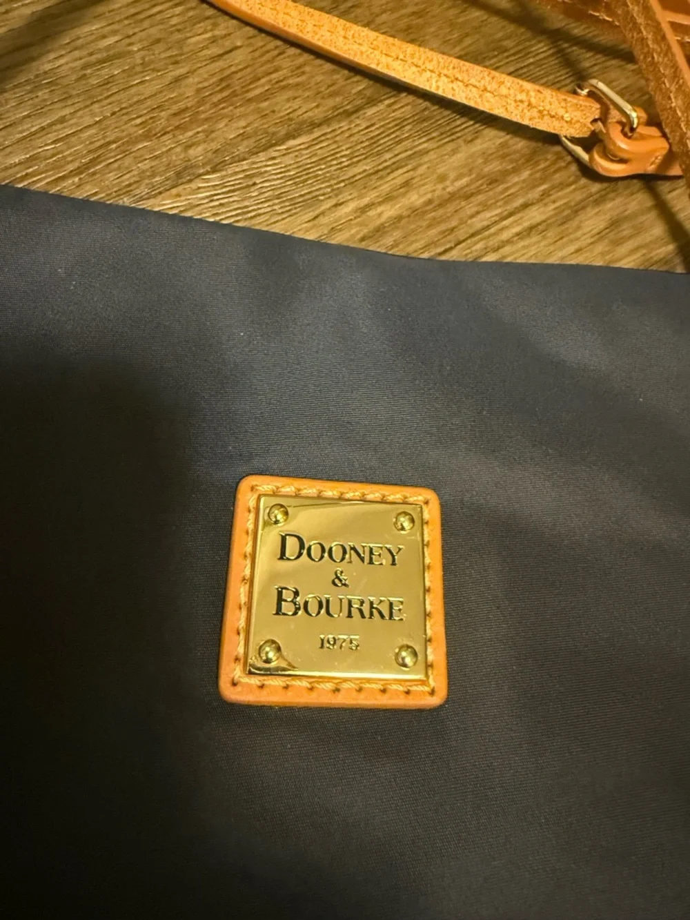 Dooney & Bourke Navy Crossbody with Tan Strap and Logo Plaque - Picture 2 of 8